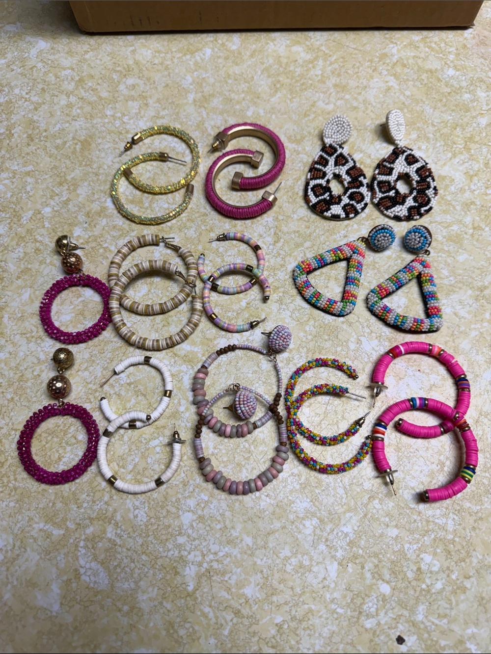 Mixed Women’s Beaded Hoop Earrings - Pink, Gold, White, Multicolor 11 pair total